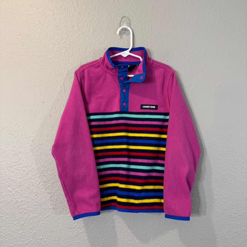 Lands' End Kid's Size S 6-7 Pink Striped Colorblock Snap Neck Fleece Pullover